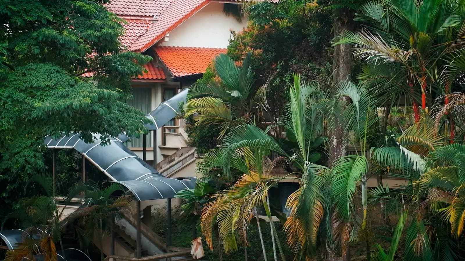 A Samara Tualang School bungalow and covered walkway among palms and rainforest trees